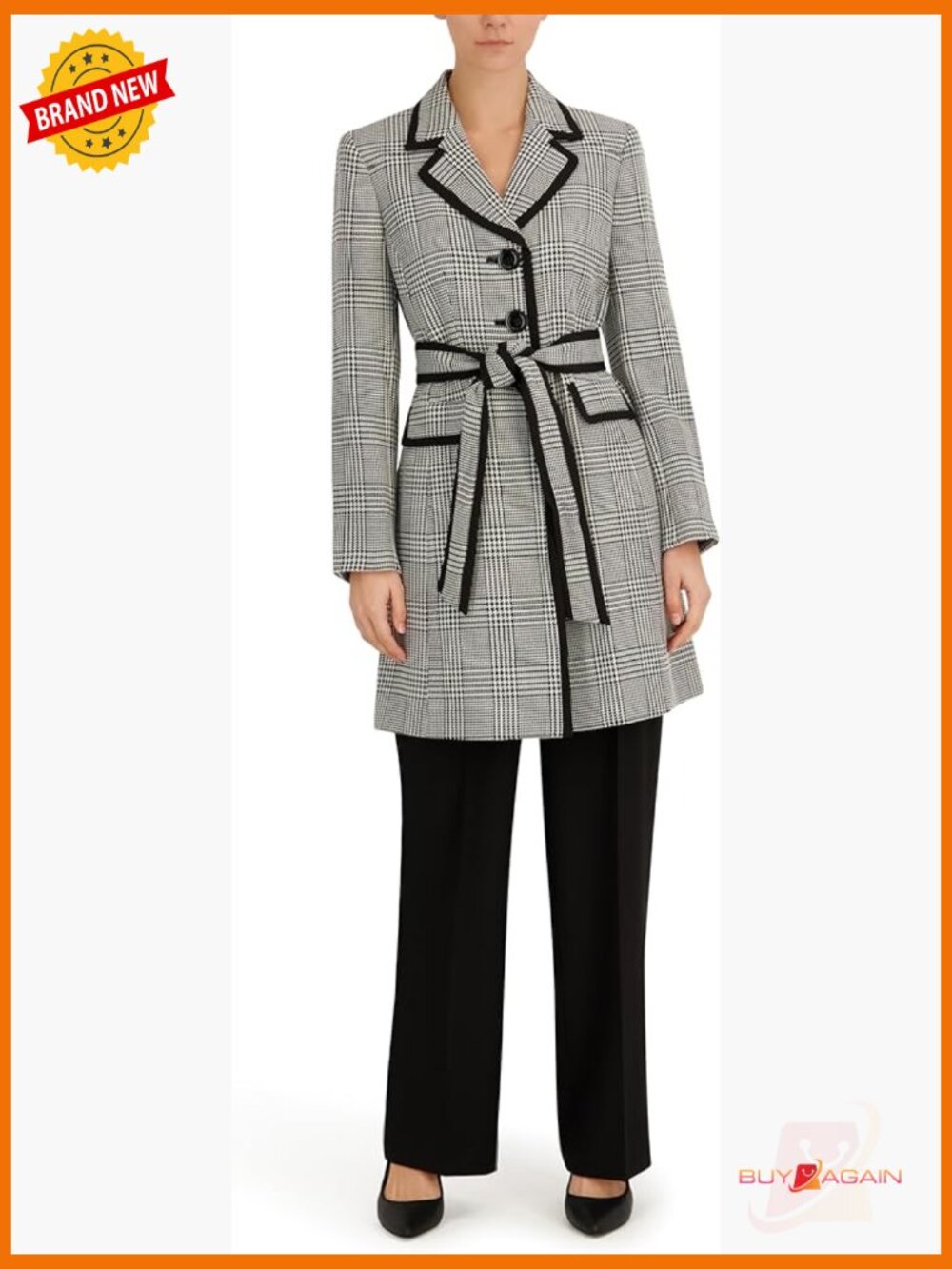 Women's Houndstooth Plaid Trench & Wide Leg Pant Set Professional Suit